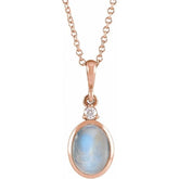 14K Rose Gold 9x7 mm Natural Rainbow Moonstone & .03 CT Natural Diamond 16-18" Necklace