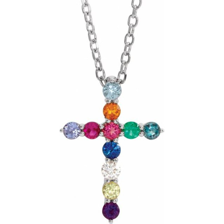 14K White Gold Natural Multi-Gemstone & .03 CT Natural Diamond Cross 16-18" Necklace