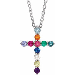 14K White Gold Natural Multi-Gemstone & .03 CT Natural Diamond Cross 16-18" Necklace