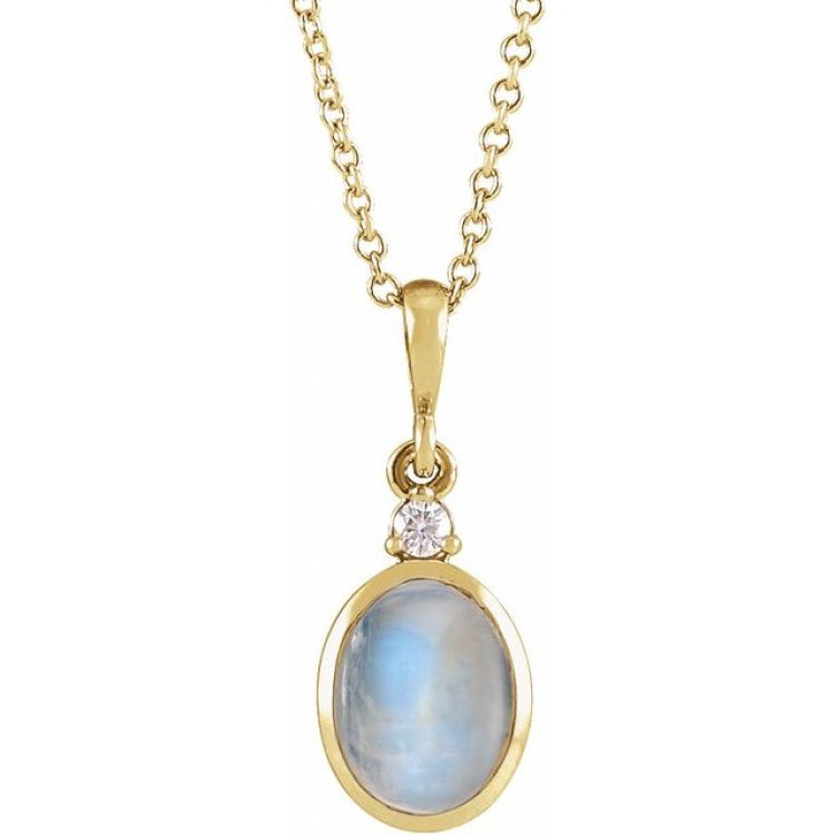 14K Yellow Gold 8x6 mm Natural Rainbow Moonstone & .03 CT Natural Diamond 16-18" Necklace
