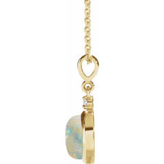 14K Yellow Gold 8 mm Natural White Opal & .03 CT Natural Diamond Cabochon 16-18" Necklace