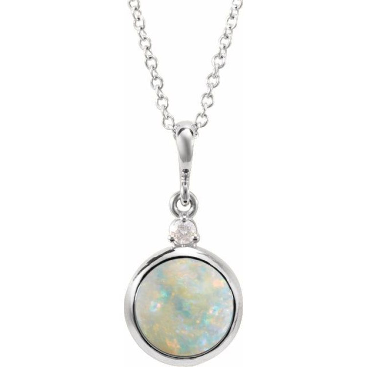 14K White Gold 8 mm Natural White Opal & .03 CT Natural Diamond Cabochon 16-18" Necklace