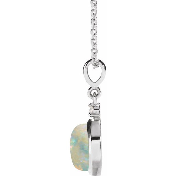 Sterling Silver 8 mm Natural White Opal & .03 CT Natural Diamond Cabochon 16-18" Necklace