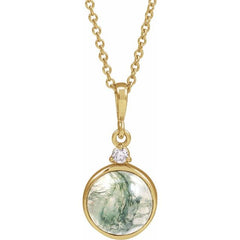 14K Yellow Gold 8 mm Natural Moss Agate & .03 CTW Natural Diamond 16-18" Necklace