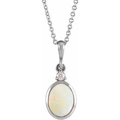 Platinum 9x7 mm Natural White Opal & .03 CT Natural Diamond 16-18" Necklace