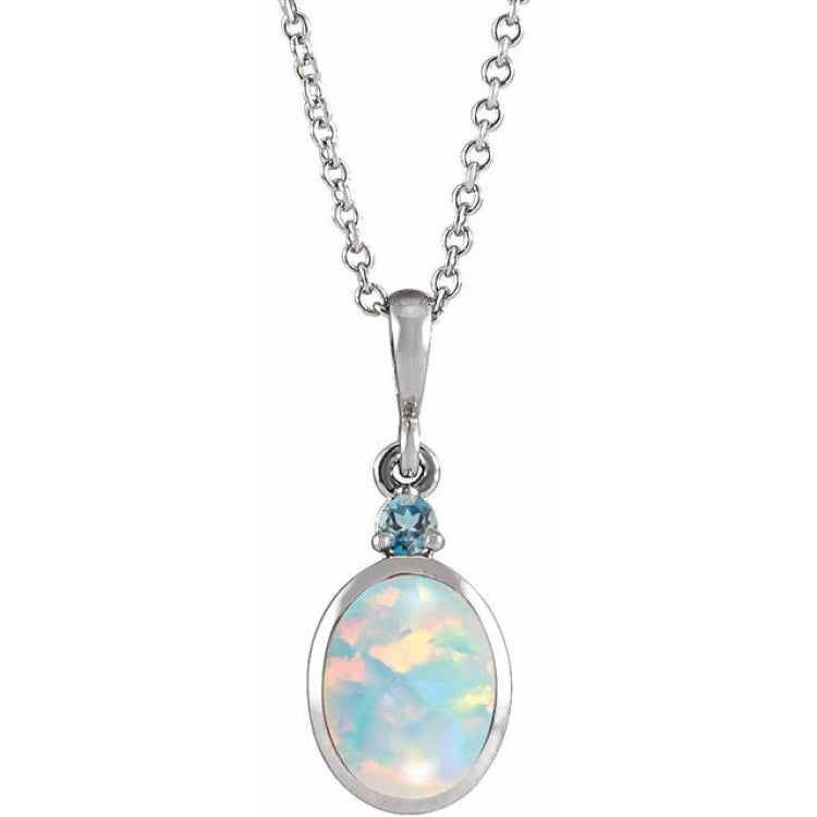 14K White Gold 5x3 mm Lab-Grown White Opal & Natural London Blue Topaz 16-18" Necklace