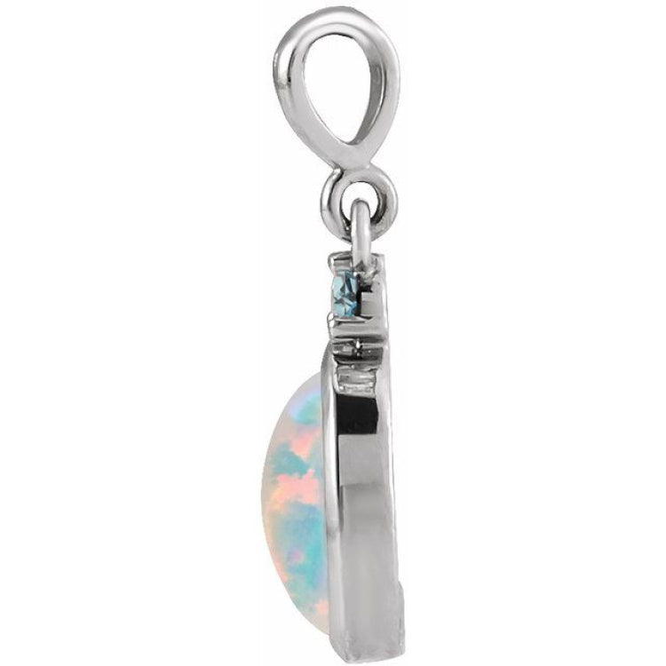 14K White Gold 5x3 mm Lab-Grown White Opal & Natural London Blue Topaz Pendant