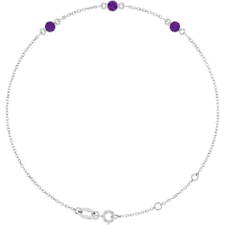 14K White Gold Natural Amethyst Bezel-Set 3-Stone 6 1/2-7 1/2" Bracelet