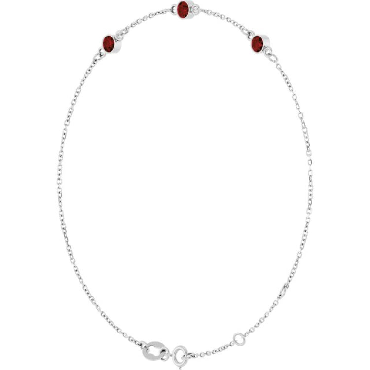 14K White Gold Natural Mozambique Garnet Bezel-Set 3-Stone 6 1/2-7 1/2" Bracelet