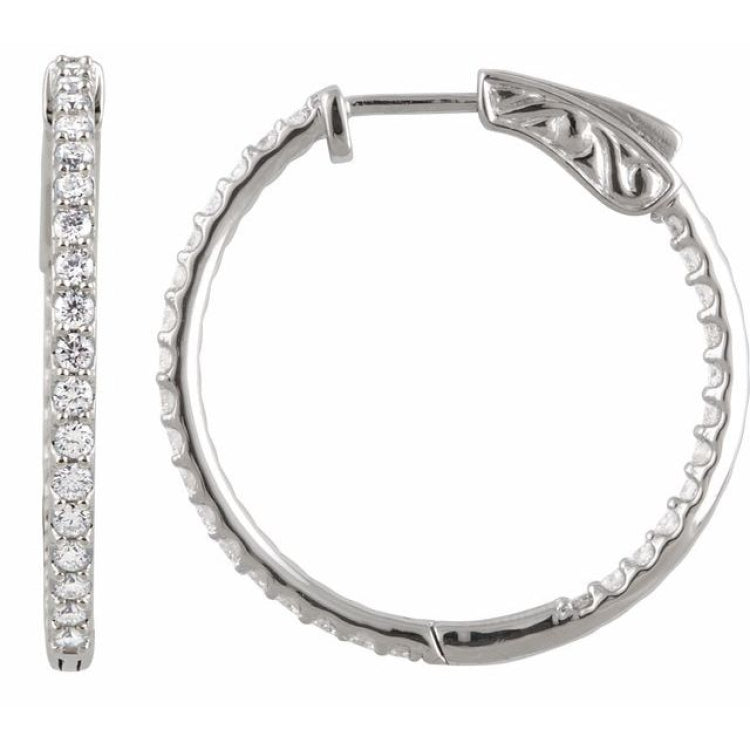 14K White Gold 1 CTW Natural Diamond Inside-Outside 26.5 mm Hinged Hoop Earrings