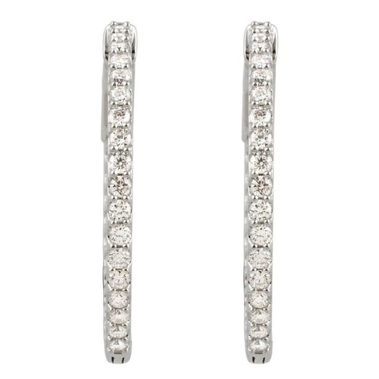 14K White Gold 1 CTW Natural Diamond Inside-Outside 26.5 mm Hinged Hoop Earrings