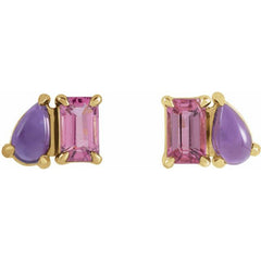 14K Yellow Gold Natural Pink Tourmaline & Natural Amethyst Two-Stone Stud Earrings