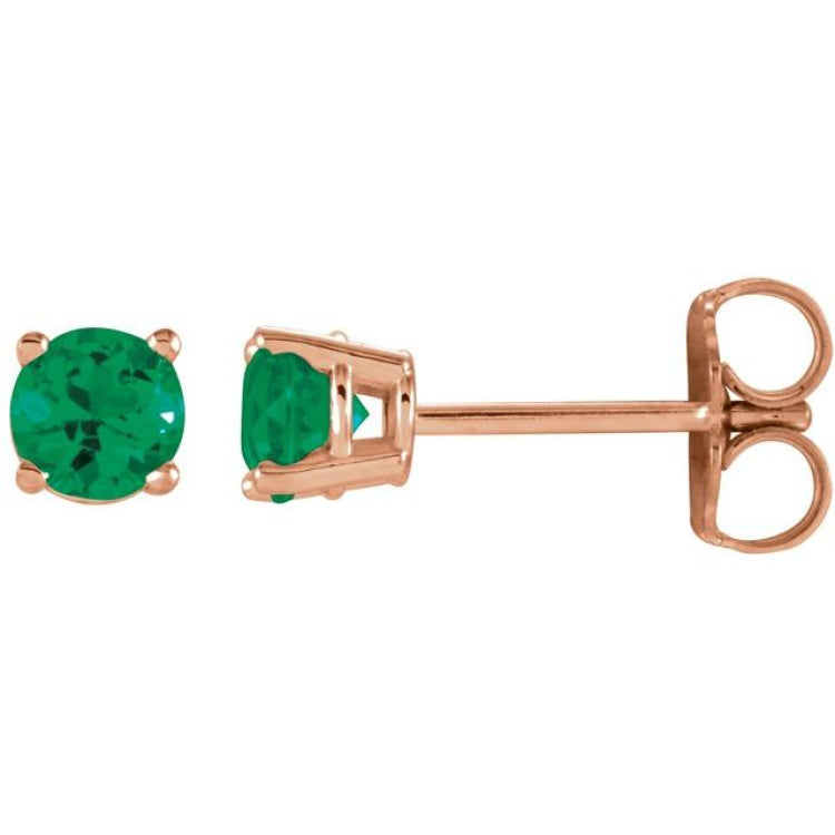 14K Rose 4 mm Lab-Grown Emerald Earrings