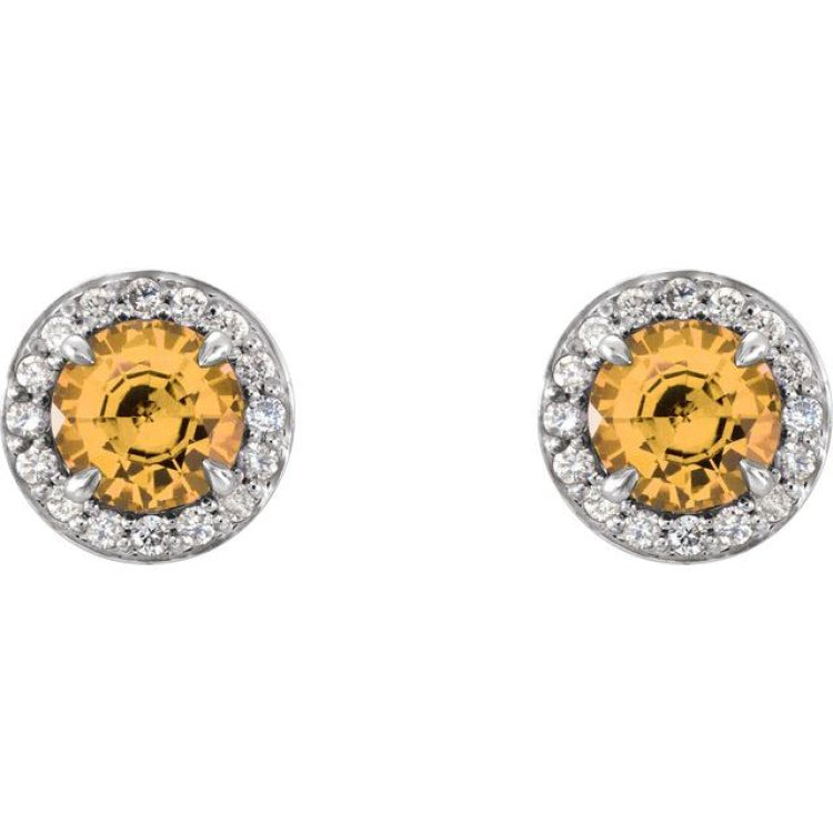 14K White 3.5 mm Natural Citrine & 1/8 CTW Natural Diamond Earrings