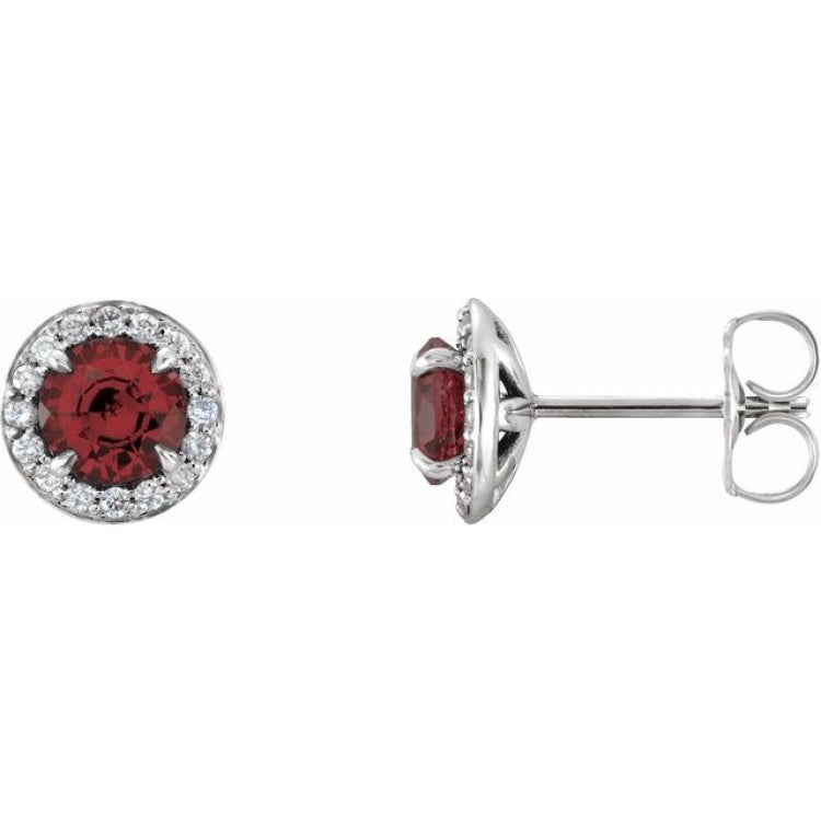 14K White 4.5 mm Natural Mozambique Garnet & 1/6 CTW Natural Diamond Earrings