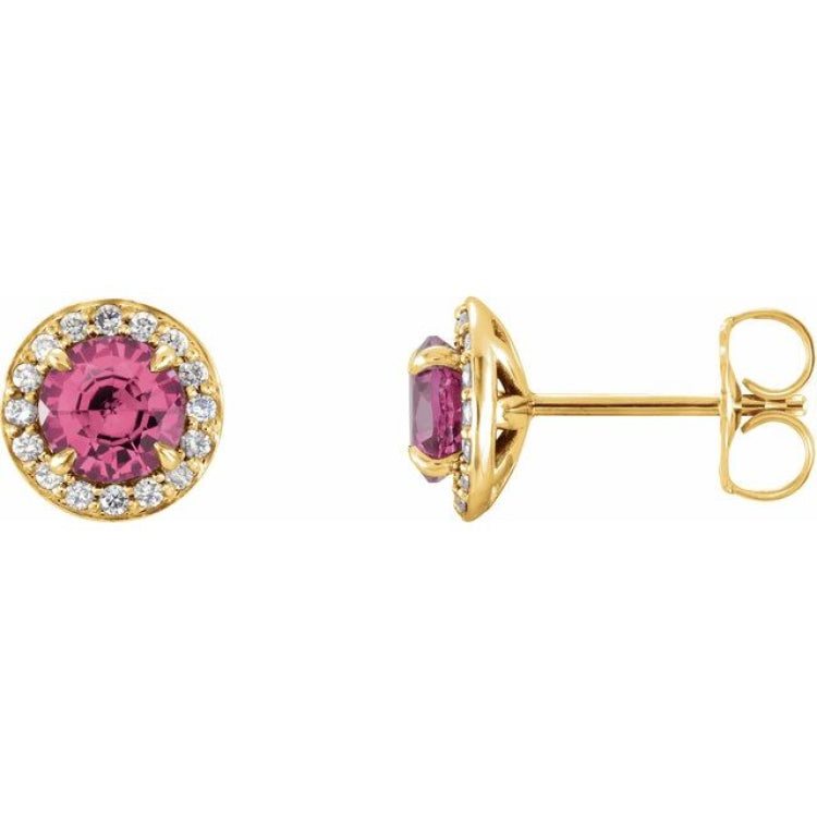 14K Yellow 4.5 mm Natural Pink Tourmaline & 1/6 CTW Natural Diamond Earrings