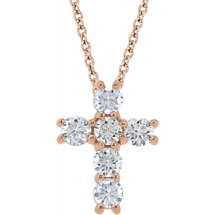 14K Rose 3/4 CTW Natural Diamond Cross 18" Necklace