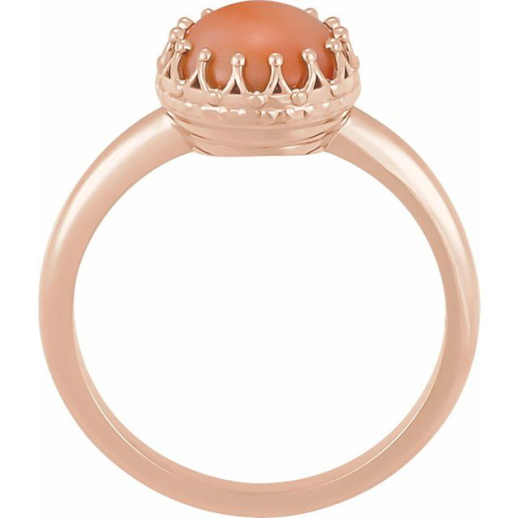14K Rose 6 mm Natural Pink Coral Crown Cabochon Ring