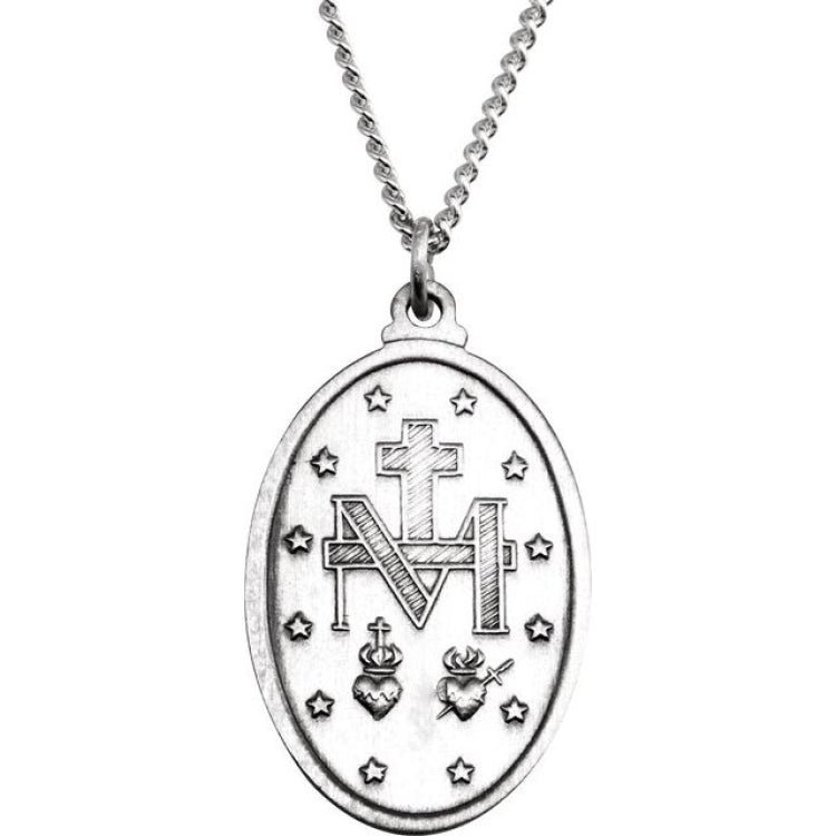 Sterling Silver 23x16 mm Oval Miraculous Medal 18" Necklace