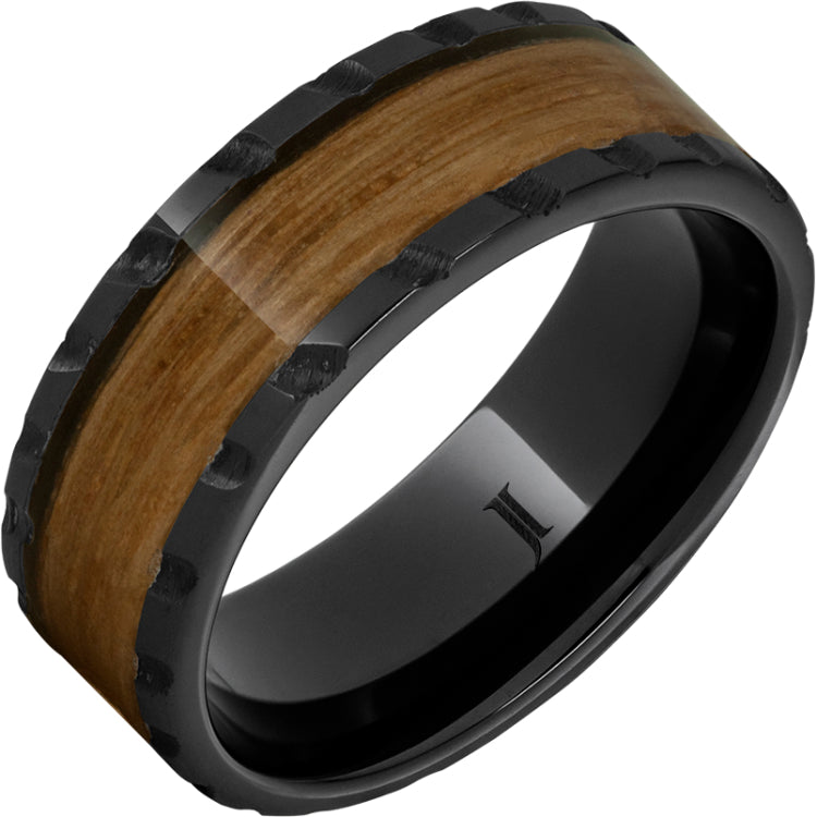 Barrel Aged Black Diamond Ceramic Ring with Single Malt Scotch Whiskey Inlay and Scored Finish
