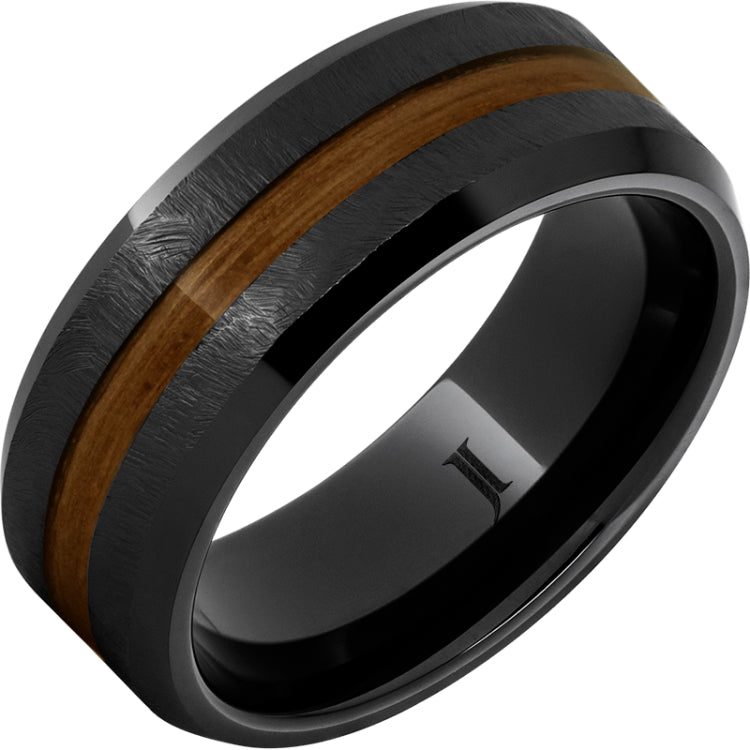 Barrel Aged Black Diamond Ceramic Ring with Rye Whiskey Wood Inlay