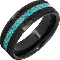 Black Diamond Ceramic TMTurquoise Ring with Eagle Feather Engraving