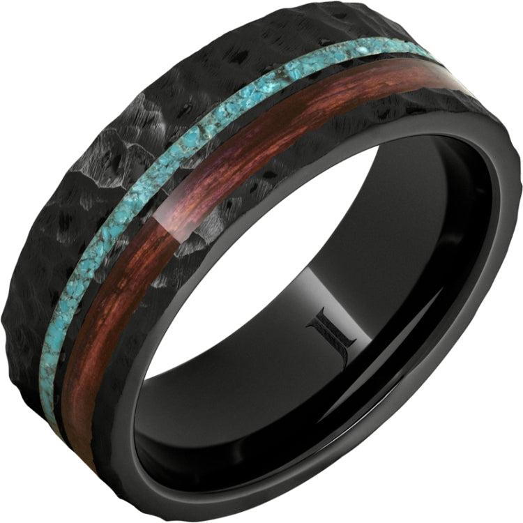 Barrel AgedTM Black Diamond CeramicTM Ring with Moon Crater Carving, Turquoise and Cabernet Inlays