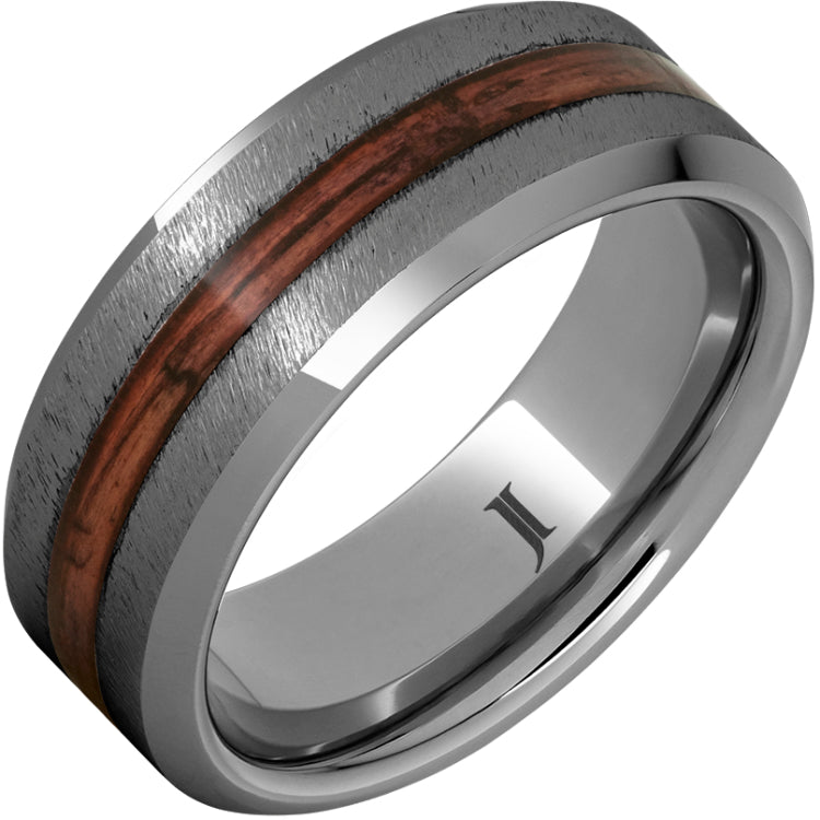 Barrel Aged Rugged Tungsten Ring with Cabernet Wood Inlay and Grain Finish