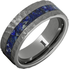 Rugged Tungsten Ring with Lapis Lazuli Inlay and Moon Crater Finish