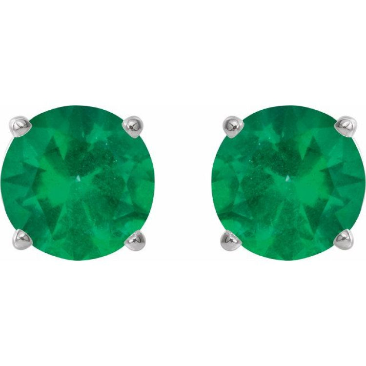 14K White 6 mm Lab-Grown Emerald Earrings