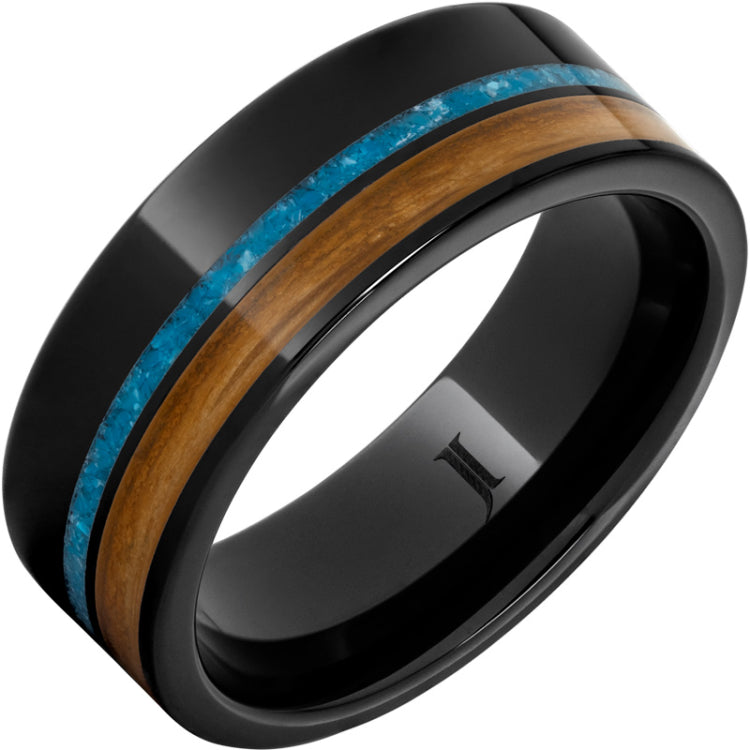 Barrel Aged Black Diamond Ceramic Ring with Cognac Wood and Turquoise Inlays