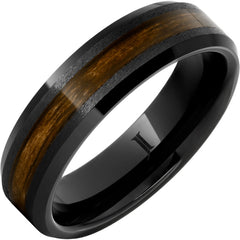 Barrel Aged Black Diamond Ceramic Ring with Bourbon Wood Inlay and Grain Finish