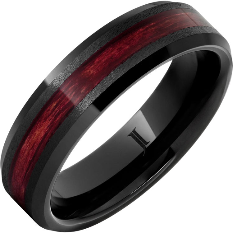 Barrel Aged Black Diamond Ceramic Ring with Cabernet Wood Inlay and Grain Finish