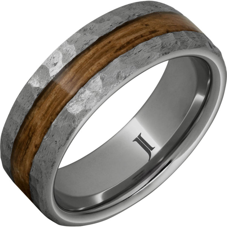 Barrel Aged Rugged Tungsten Ring with Bourbon Inlay and Moon Crater Finish