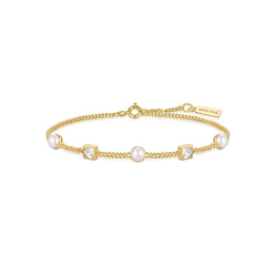 Gold Bezel-Set Cube and Pearl Station Bracelet