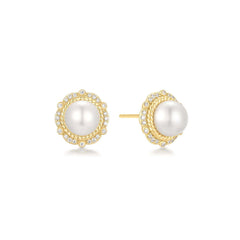 Gold Shell Pearl Bloom Stud Earrings