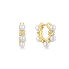 Gold Sparkling Braided Shell Pearl Huggie Hoop Earrings