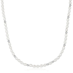 Silver Freshwater Pearl and White Cubic Zirconia Bezel Set Slider Necklace