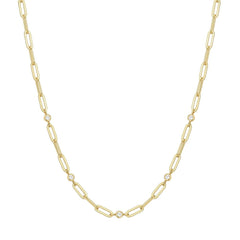 Gold Bezel Station Paper Clip Chain Necklace